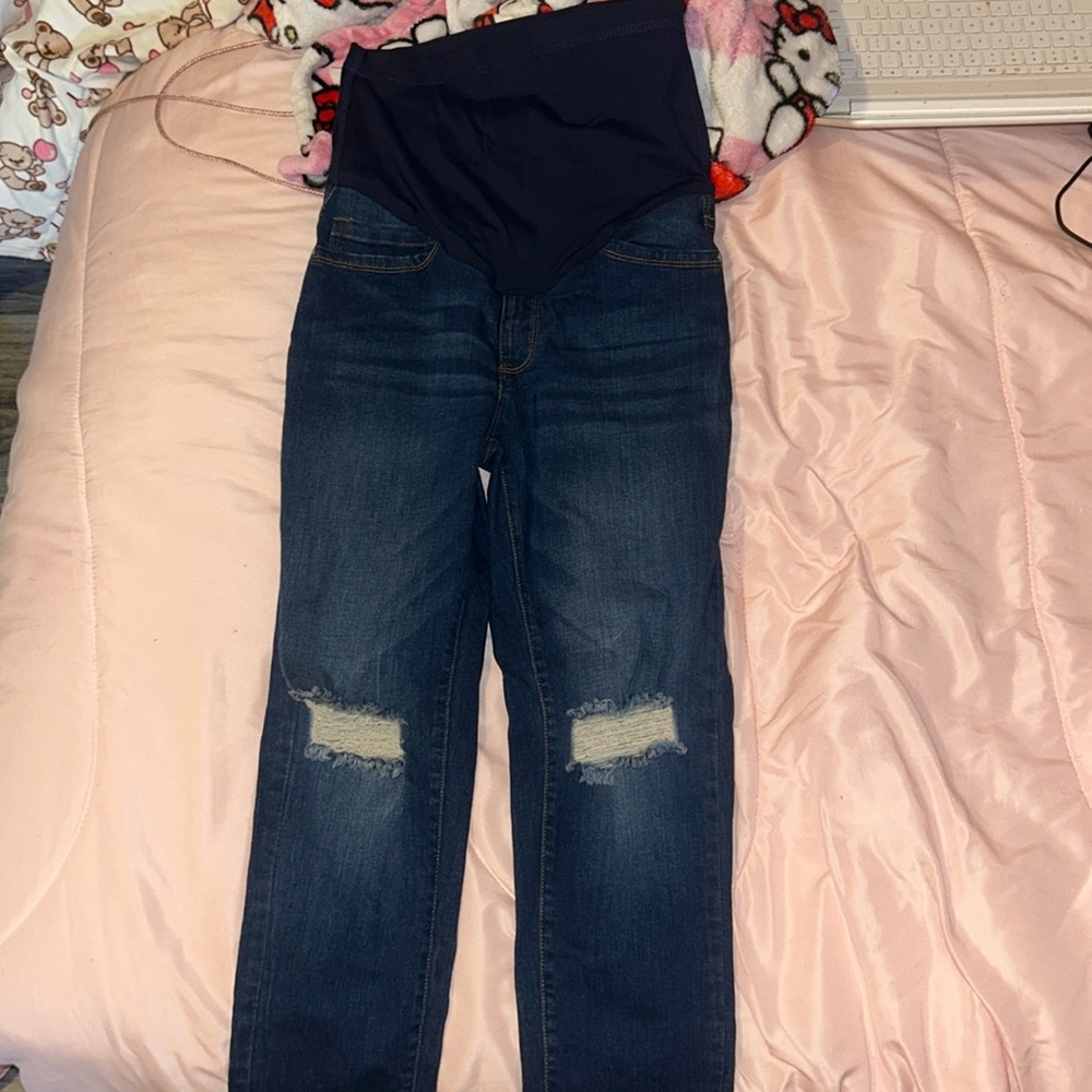 Never worn pink blush maternity jeans , blue, ripped on knees